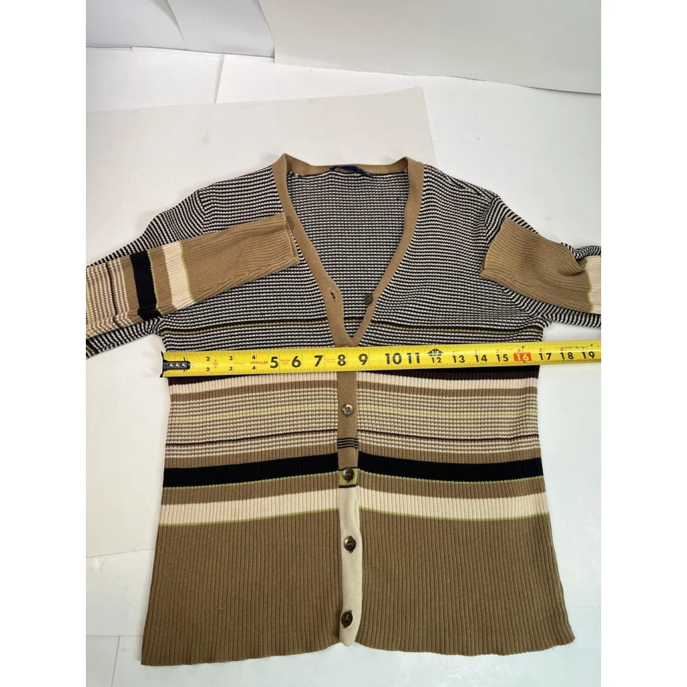 Y2k J. Crew Cardigan Sweater Medium Brown V‎ Neck Button Striped Office Siren